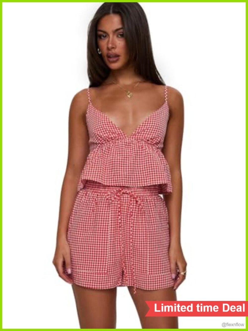 Gingham Two-Piece Shorts Set Sleeveless V-Neck Ruched Cotton Blend